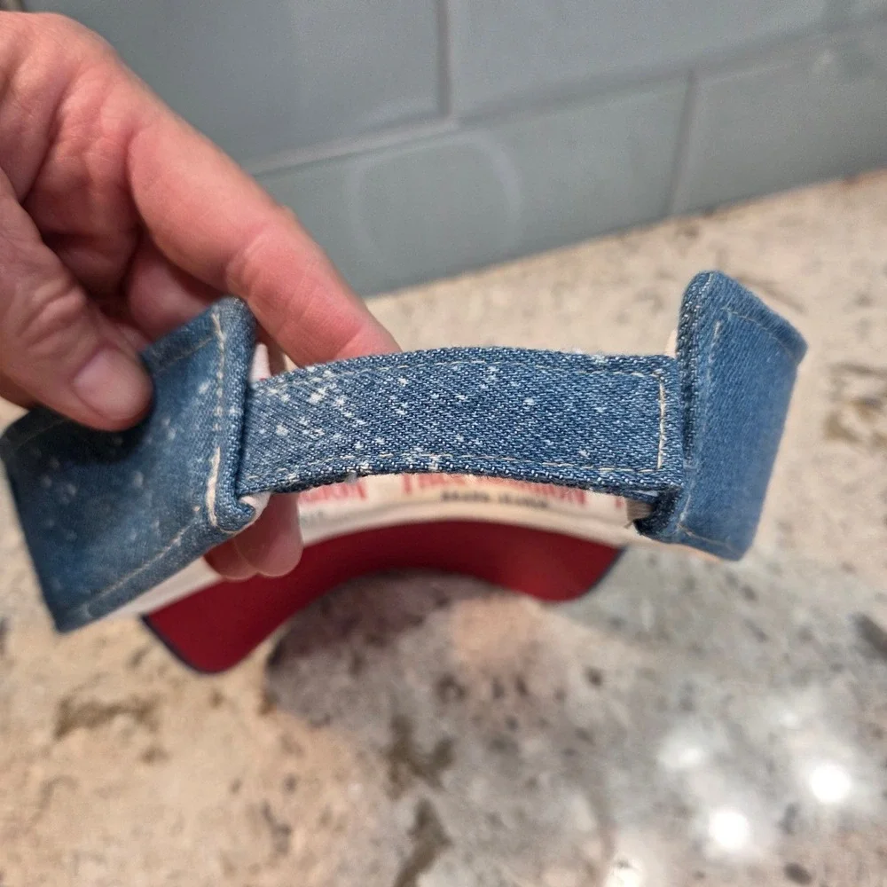 True Religion Denim Visor Blue Paint Splatter Red Horseshoe‎ Logo Adjustable Hat